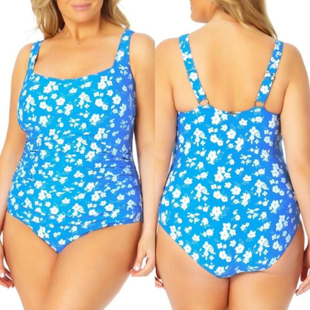 Anne Cole Square Neck Shirred One Piece Swim 16W Baby Bloom